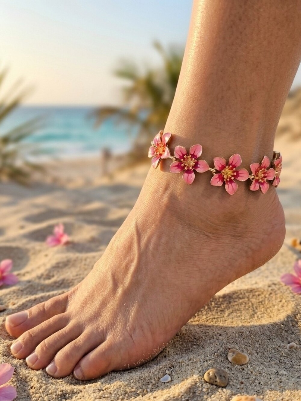 Pink Floral Enamel Gold Tone Anklet Statement Beach Jewelry